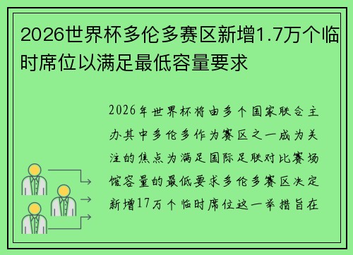 2026世界杯多伦多赛区新增1.7万个临时席位以满足最低容量要求 2026世界杯多伦多赛区新增1.7万个临时席位以满足最低容量要求